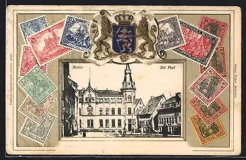 Präge-AK Mainz, Die Post, Wappen und Briefmarken, Passepartout