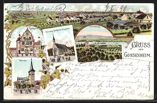 Lithographie Gonsenheim, Vierzehn Nothelfer Kapelle, Rathaus, Kirche