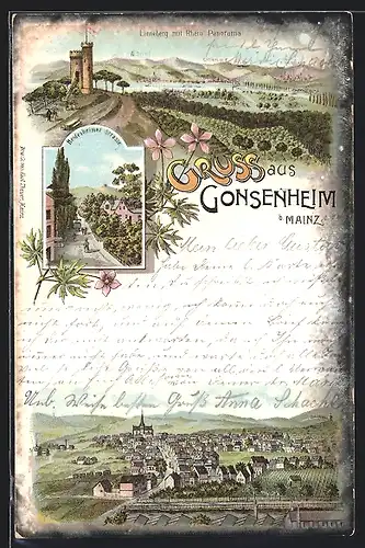 Lithographie Gonsenheim b. Mainz, Lenneberg mit Rhein-Panorama, Wiesbaden und Schierstein, Heidesheimer Strasse