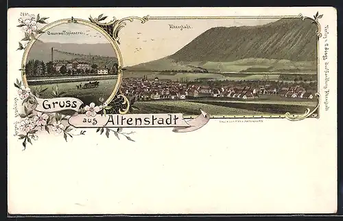 Lithographie Altenstadt, Fernblick zur Baumwollspinnerei, Ortsansicht