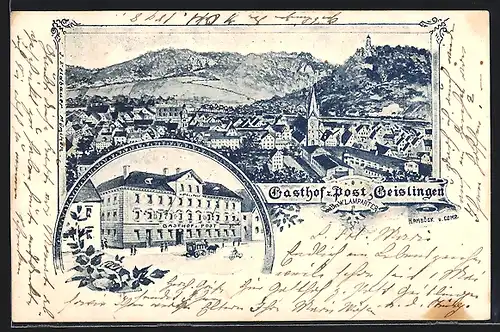 Lithographie Geislingen, Gasthof zur Post von W. Lamparter, Totalansicht