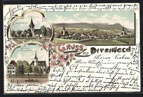 Lithographie Ditzingen, Teilansicht, Speyrer Kirche, Pfarrhaus und Constanzerkirche