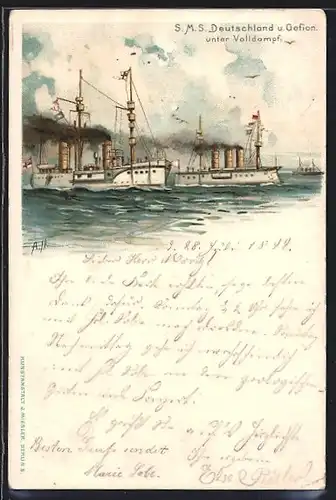 Künstler-AK A. Heide: Kriegsschiffe SMS Deutschland und Gefion des Ostasiengeschwaders unter Volldampf
