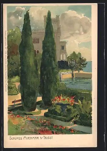 Künstler-Lithographie Raoul Frank: Schloss Miramar bei Triest