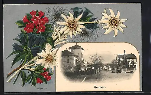 AK Reinach, Ortspartie mit Strassenbahn, Passepartout mit Edelweiss