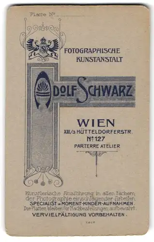 Fotografie Adolf Schwarz, Wien, Hütteldorferstr. 127, Wappen mit Monogramm des Fotografen, Anschrift des Ateliers