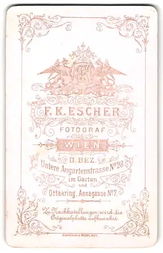 Fotografie F. K. Escher, Wien, kgl. Wappen mit Greifen samt Monogramm des Fotografen, Anschrift des Ateliers