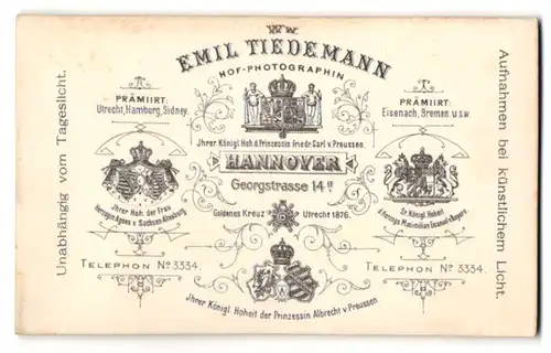 Fotografie Emil Tiedemann, Hannover, kgl. Wappen der Prinzessinnen v. Sachsen-Altenburg, Albrecht v. Preussen, Fr. Carl