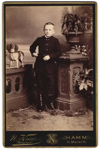 Fotografie N. Knerr, Hamm, junger Knabe im Anzug mit Porzellanhund Studiokulisse