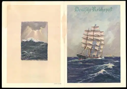 Telegramm Deutsche Reichspost, 1934, Segelschiff mit Reichsfahne und Dampfschiff am Horizont, Entwurf: Hans Bohrdt