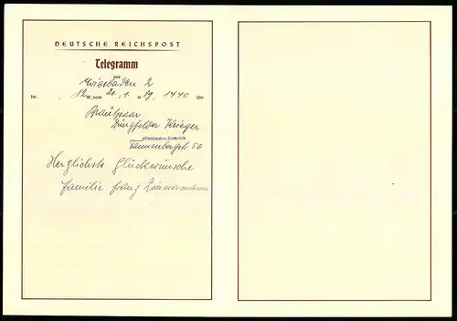 Telegramm Deutsche Reichspost, 1939, Fabelwesen, Elfen - Hochzeit, Putten, Zwerg & Kobold Orchester, Armor Engel