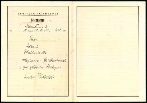 Telegramm Deutsche Reichspost, 1938, Fabelwesen, Elfen - Hochzeit, Putten, Zwerg & Kobold Orchester, Amor mit Pfeilen