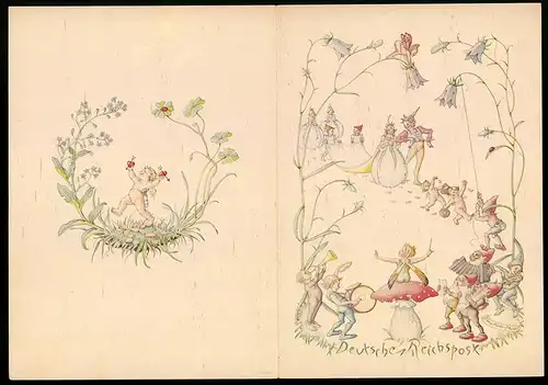 Telegramm Deutsche Reichspost, 1938, Fabelwesen, Elfen - Hochzeit, Putten, Zwerg & Kobold Orchester, Amor-Engel