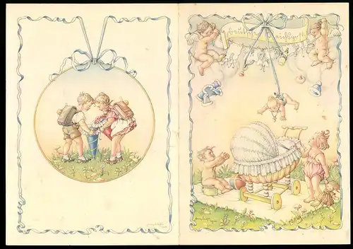Telegramm Deutsche Reichspost, 1936, Putten & Babies mit Kinderwagen, Schulkinder mit Schultüte zur Einschulung