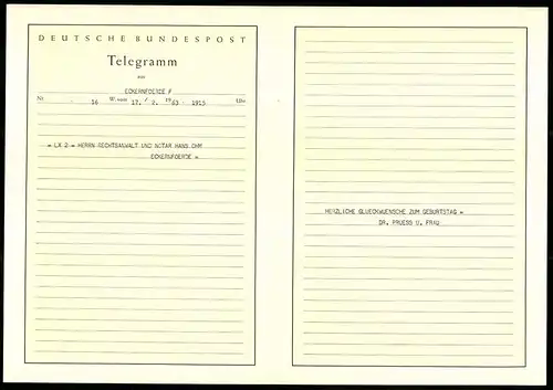 Telegramm Deutsche Bundespost, 1963, Schreibfeder & Tulpen, Blumenvase von Putten flankiert