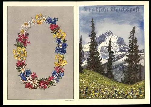 Telegramm Deutsche Reichspost, 1935, Blumenkranz & Alpenwiese gegen Bergmassiv, Entwurf: Carl Reiser