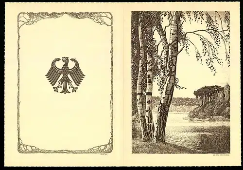 Telegramm Deutsche Bundespost, 1955, Bundesadler, Birken säumen Uferabschnitt, Entwurf: Leon Schnell