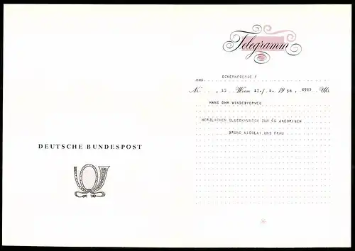 Telegramm Deutsche Bundespost, 1958, Paar auf Sofa sitzend wird von Privat-Orchester unterhalten