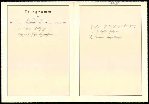 Telegramm Deutsche Reichspost, 1935, Reichsadler, Jäger & Kesselpauker zu Pferd, Trachtenmädchen, Entwurf: E. Feyerabend