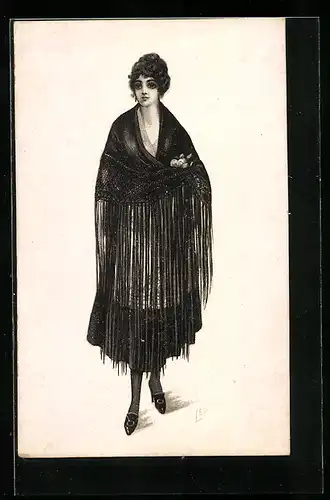 Künstler-AK sign. Leo: Elegante Dame im schwarzen Kleid