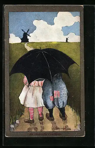Künstler-AK sign. Constance Lamb: Kinder unter einem Regenschirm mit Windmühlen