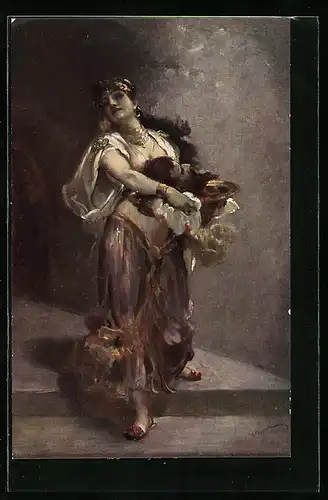 Künstler-AK sign. Prof. Georg Papperitz: Salome, Hübsche Salome mit dem Kopf eines Mannes