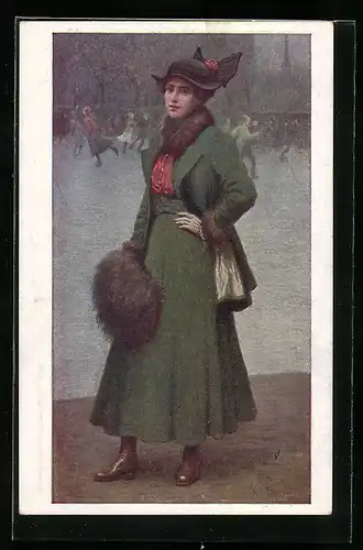 Künstler-AK sign. Ernst Payer: Junge Dame am Eislaufplatz