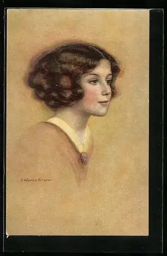Künstler-AK sign. C. Warde-Traver: Mädchenkopf mit braunem Haar