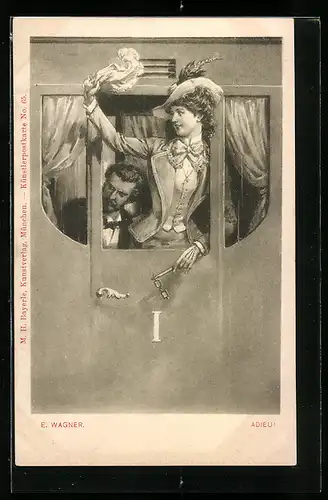 Künstler-AK sign. E. Wagner: Dame winkt aus einem Zugabteil