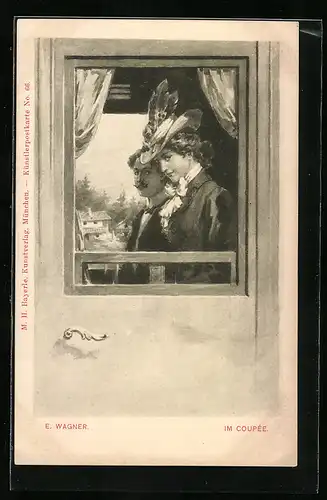 Künstler-AK sign. E. Wagner: Elegante Dame in einem Zugabteil