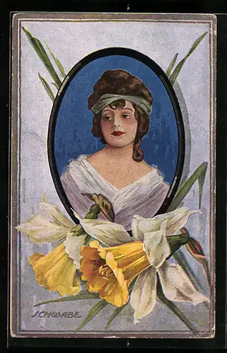 Künstler-AK Narzissenblüten und Damenportrait