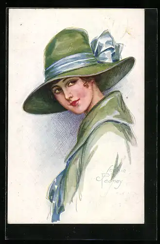 Künstler-AK sign. Sophie Padney: Elegante Dame mit grünem Hut
