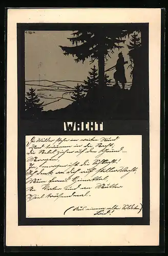 Künstler-AK sign. C. Tips: Soldat steht Wache im Wald