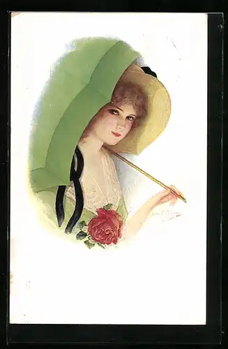 Künstler-AK Frau mit Schirm hat eine Rose am Kleid