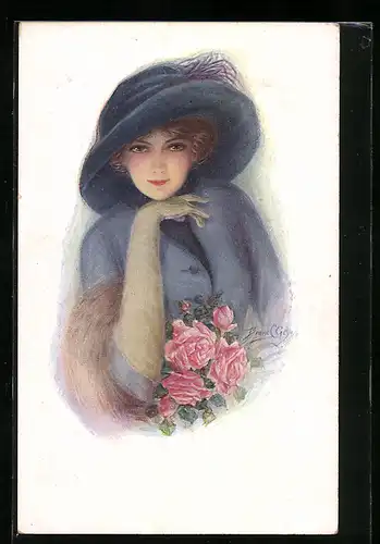 Künstler-AK sign. Geyer: Junge Dame mit blauem Hut und Rosen