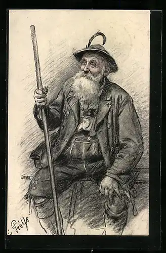 Künstler-AK sign.: Prölss, alter Mann mit Hut & Wanderstab