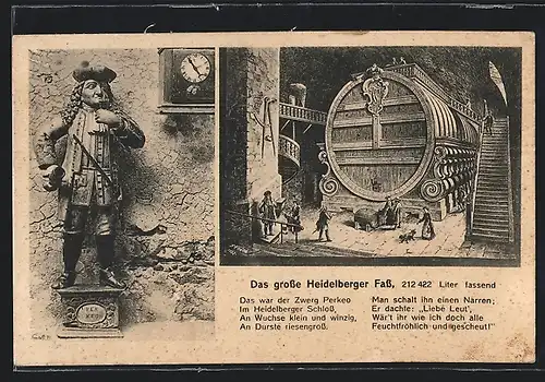 AK Heidelberg, das Grosse Heidelberger Fass im Schloss Heidelberg, Statue Zwerg Perkeos