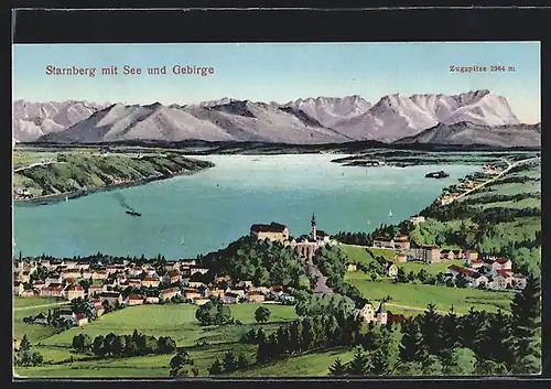 AK Starnberg, Ort mit See und Gebirge im Abendrot, Zugspitze
