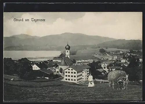 AK Gmund am Tergensee, Ortsansicht mit Heuwagen