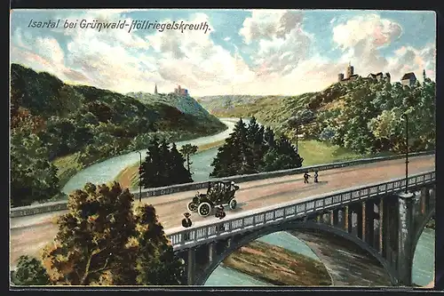 AK Grünwald-Höllriegelskreuth, Landschaftsbild mit Brücke im Isartal