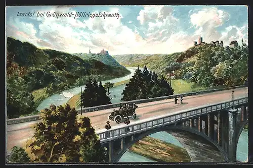 AK Grünwald-Höllriegelskreuth, Landschaftsbild mit Brücke im Isartal