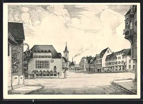 Künstler-AK Schwenningen /Neckar, Marktplatz mit Rathaus von der Dauchingerstrasse aus gesehen