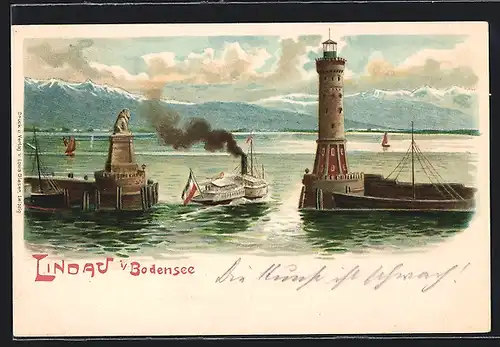 Lithographie Lindau i. B., Hafeneinfahrt mit Löwe und Leuchtturm