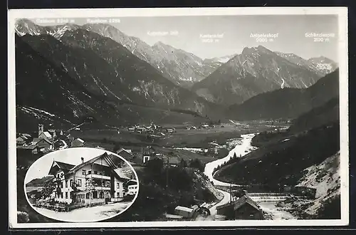 AK Hinterstein /Allgäuer Alpen, Gasthof und Pension zum Steinadler, Panorama mit Kugelhorn, Rauhhorn und Schänzlespitz