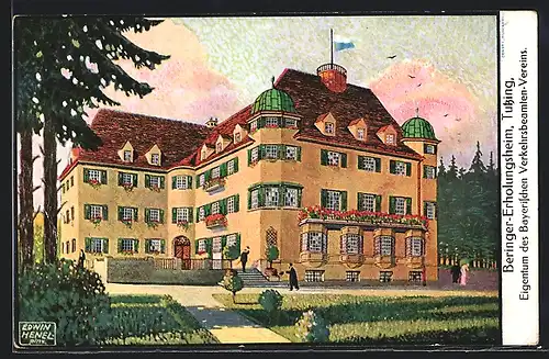 Künstler-AK sign. Edwin Henel: Tutzing, Beringer Erholungsheim, Gartenseite mit Leuten