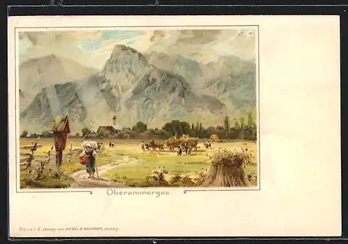 Lithographie Oberammergau, bauern bei der Ernte