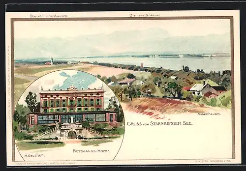 Lithographie Assenhausen /Starnberger See, Hotel Rottmanns-Hoehe, Panorama mit Ober-Allmannshausen u. Bismarckdenkmal