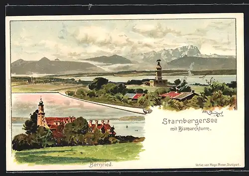 Lithographie Bernried /Starnbergersee, Ortspartie mit Kirche, Birsmarckturm