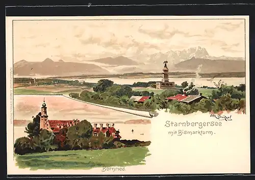 Lithographie Bernried /Starnbergersee, Ortspartie mit Kirche, Birsmarckturm