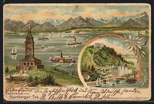 AK Starnberg, Panorama, Bismarck-Thurm, Rottmannshöhe, Leoni